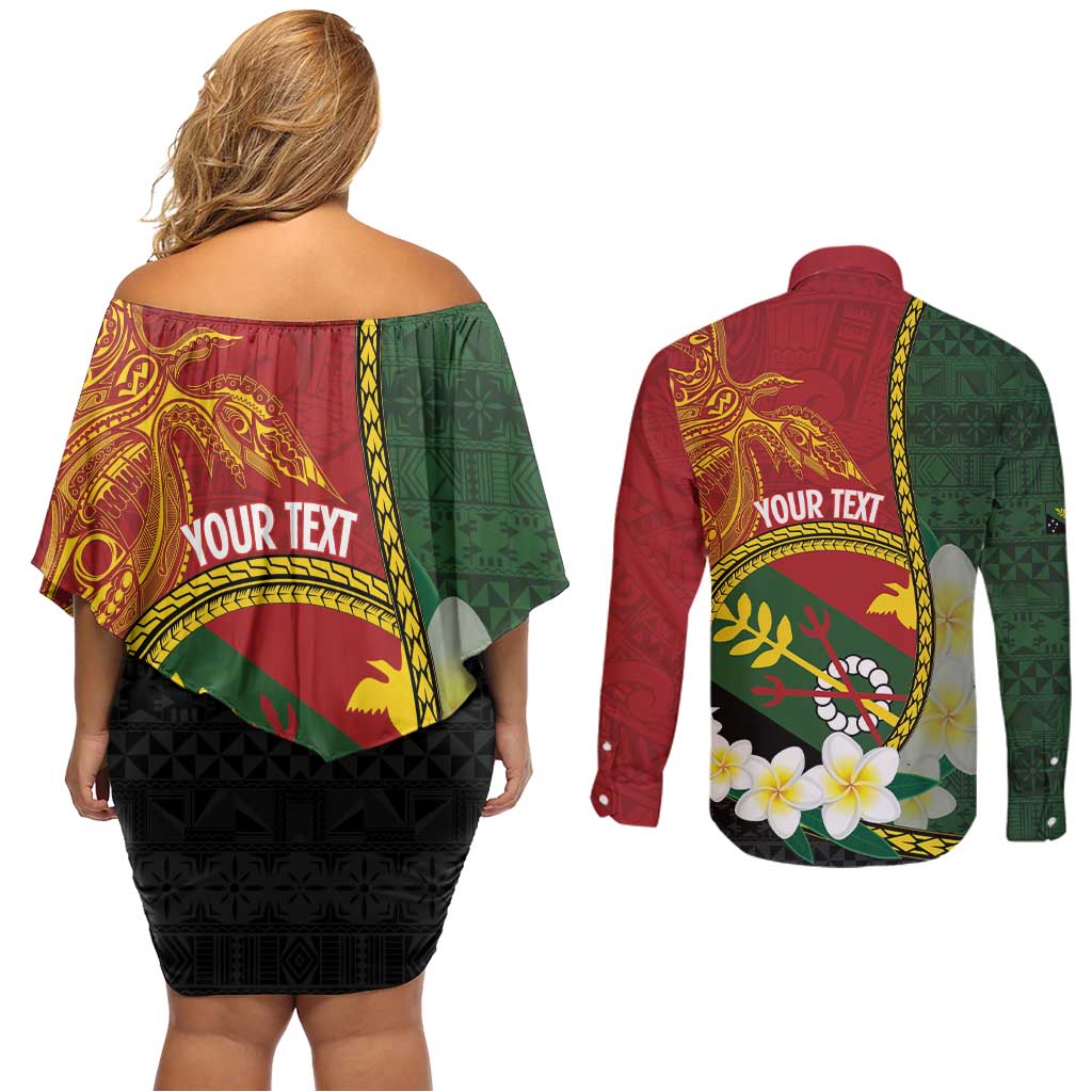 Personalised PNG Simbu Provins Couples Matching Off Shoulder Short Dress and Long Sleeve Button Shirt Papua New Guinea Plumeria Melanesian Pattern LT14 - Polynesian Pride