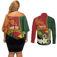 Personalised PNG Simbu Provins Couples Matching Off Shoulder Short Dress and Long Sleeve Button Shirt Papua New Guinea Plumeria Melanesian Pattern LT14 - Polynesian Pride