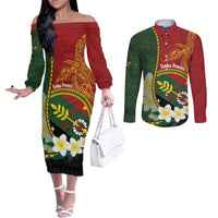 Personalised PNG Simbu Provins Couples Matching Off The Shoulder Long Sleeve Dress and Long Sleeve Button Shirt Papua New Guinea Plumeria Melanesian Pattern LT14 Green - Polynesian Pride