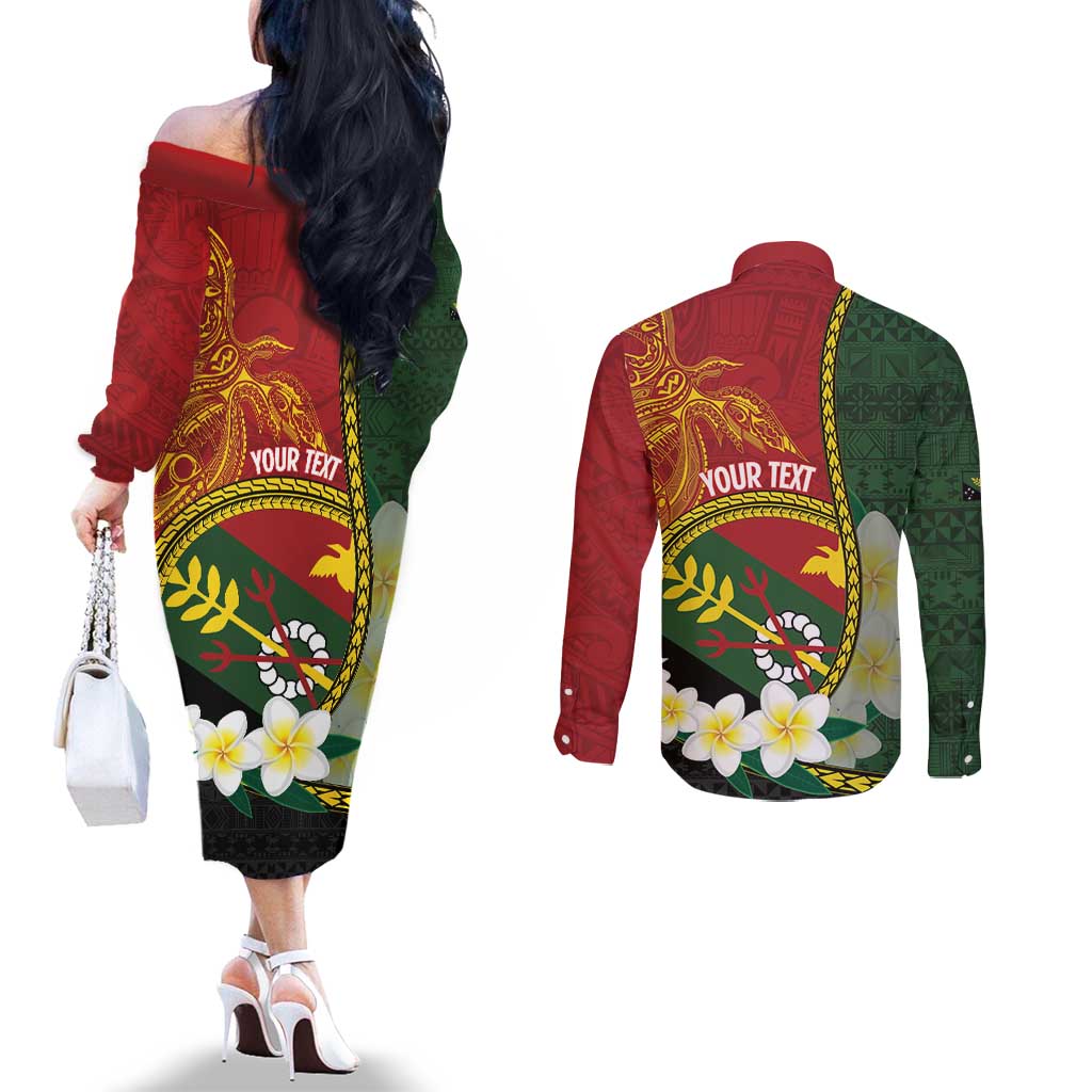 Personalised PNG Simbu Provins Couples Matching Off The Shoulder Long Sleeve Dress and Long Sleeve Button Shirt Papua New Guinea Plumeria Melanesian Pattern LT14 - Polynesian Pride