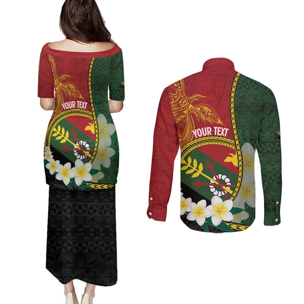 Personalised PNG Simbu Provins Couples Matching Puletasi and Long Sleeve Button Shirt Papua New Guinea Plumeria Melanesian Pattern - Polynesian Pride