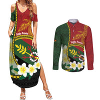 Personalised PNG Simbu Provins Couples Matching Summer Maxi Dress and Long Sleeve Button Shirt Papua New Guinea Plumeria Melanesian Pattern LT14 Green - Polynesian Pride