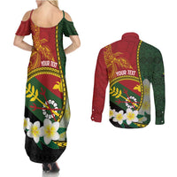 Personalised PNG Simbu Provins Couples Matching Summer Maxi Dress and Long Sleeve Button Shirt Papua New Guinea Plumeria Melanesian Pattern LT14 - Polynesian Pride