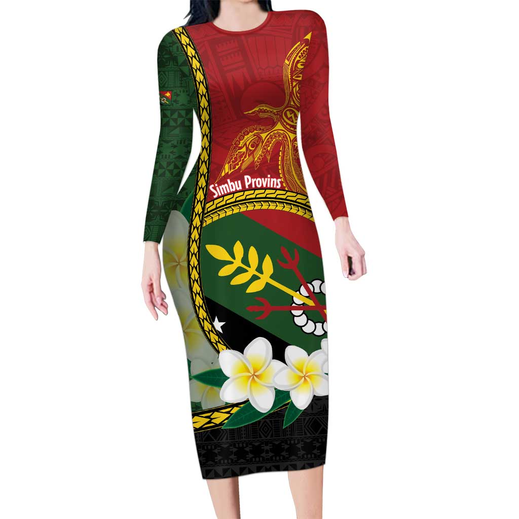 Personalised PNG Simbu Provins Family Matching Long Sleeve Bodycon Dress and Hawaiian Shirt Papua New Guinea Plumeria Melanesian Pattern LT14 Mom's Dress Green - Polynesian Pride