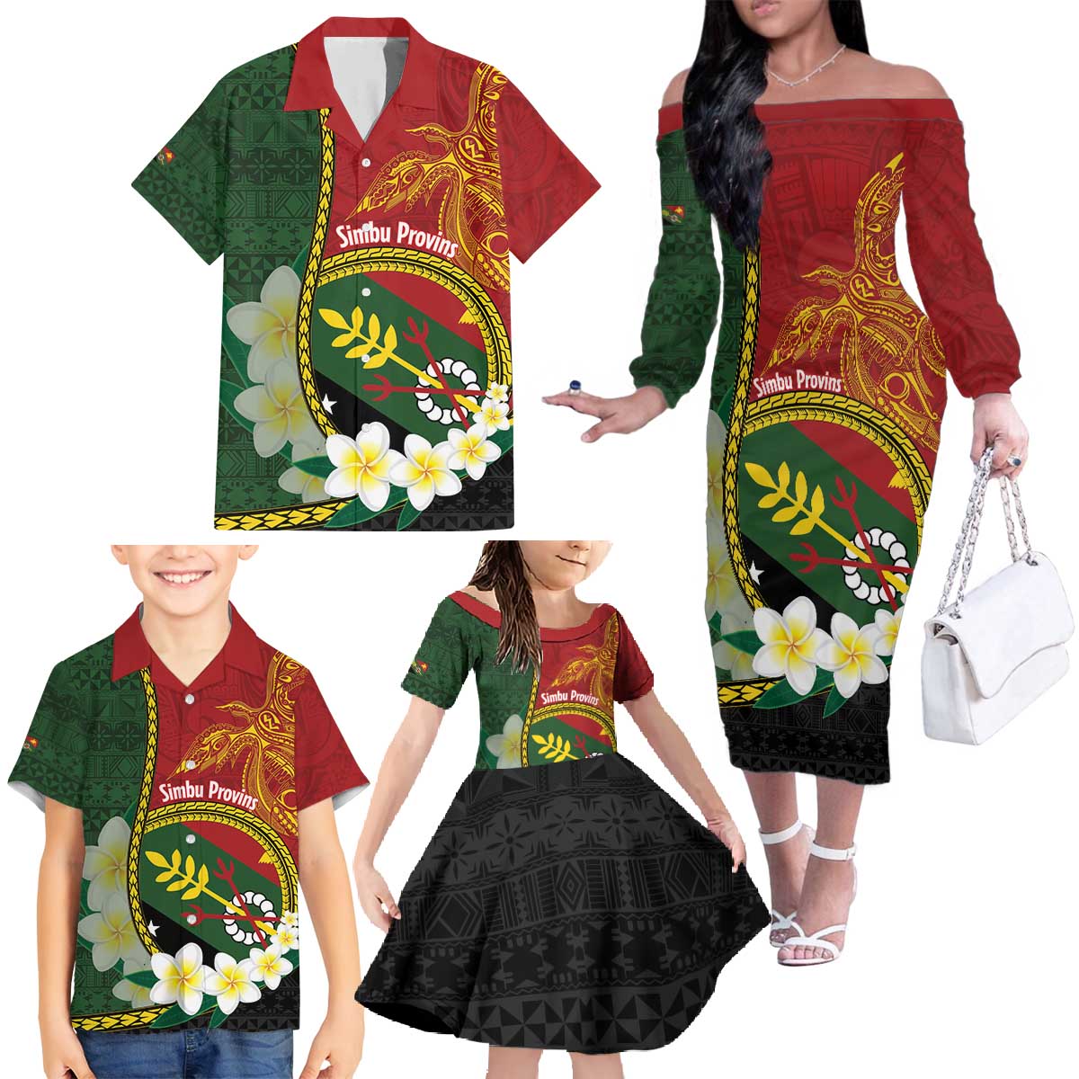 Personalised PNG Simbu Provins Family Matching Off The Shoulder Long Sleeve Dress and Hawaiian Shirt Papua New Guinea Plumeria Melanesian Pattern LT14 - Polynesian Pride