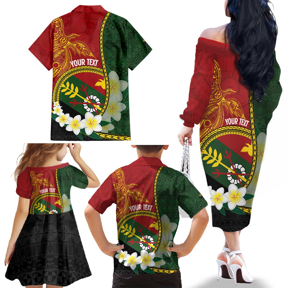 Personalised PNG Simbu Provins Family Matching Off The Shoulder Long Sleeve Dress and Hawaiian Shirt Papua New Guinea Plumeria Melanesian Pattern LT14 - Polynesian Pride