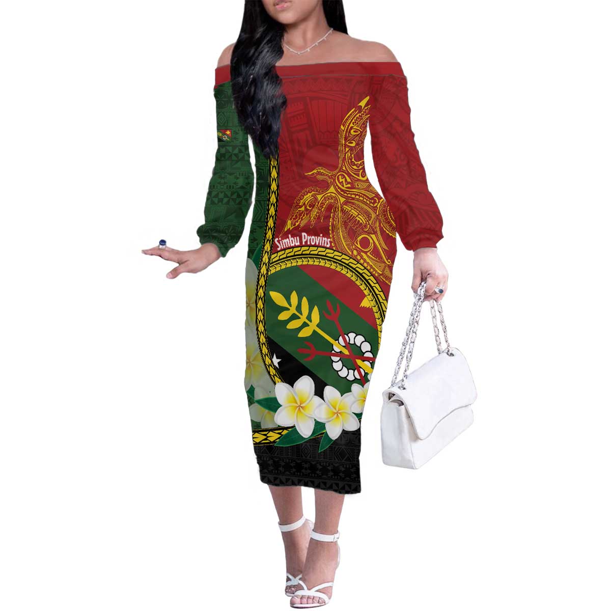 Personalised PNG Simbu Provins Family Matching Off The Shoulder Long Sleeve Dress and Hawaiian Shirt Papua New Guinea Plumeria Melanesian Pattern LT14 Mom's Dress Green - Polynesian Pride