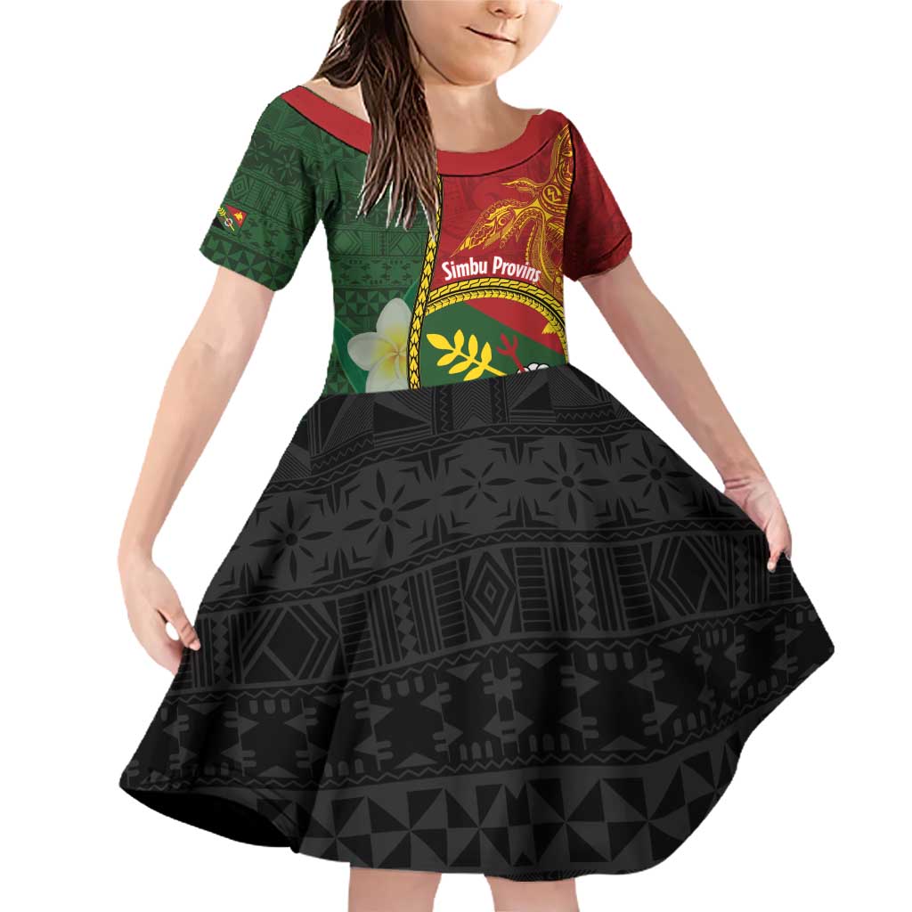Personalised PNG Simbu Provins Family Matching Off Shoulder Short Dress and Hawaiian Shirt Papua New Guinea Plumeria Melanesian Pattern LT14 Daughter's Dress Green - Polynesian Pride