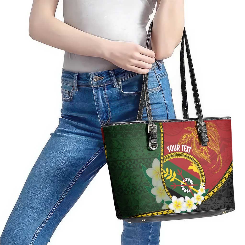Personalised PNG Simbu Provins Leather Tote Bag Papua New Guinea Plumeria Melanesian Pattern - Polynesian Pride