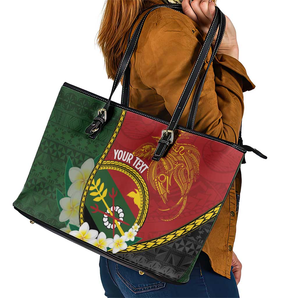 Personalised PNG Simbu Provins Leather Tote Bag Papua New Guinea Plumeria Melanesian Pattern - Polynesian Pride