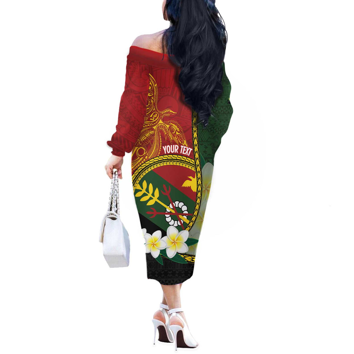 Personalised PNG Simbu Provins Off The Shoulder Long Sleeve Dress Papua New Guinea Plumeria Melanesian Pattern - Polynesian Pride