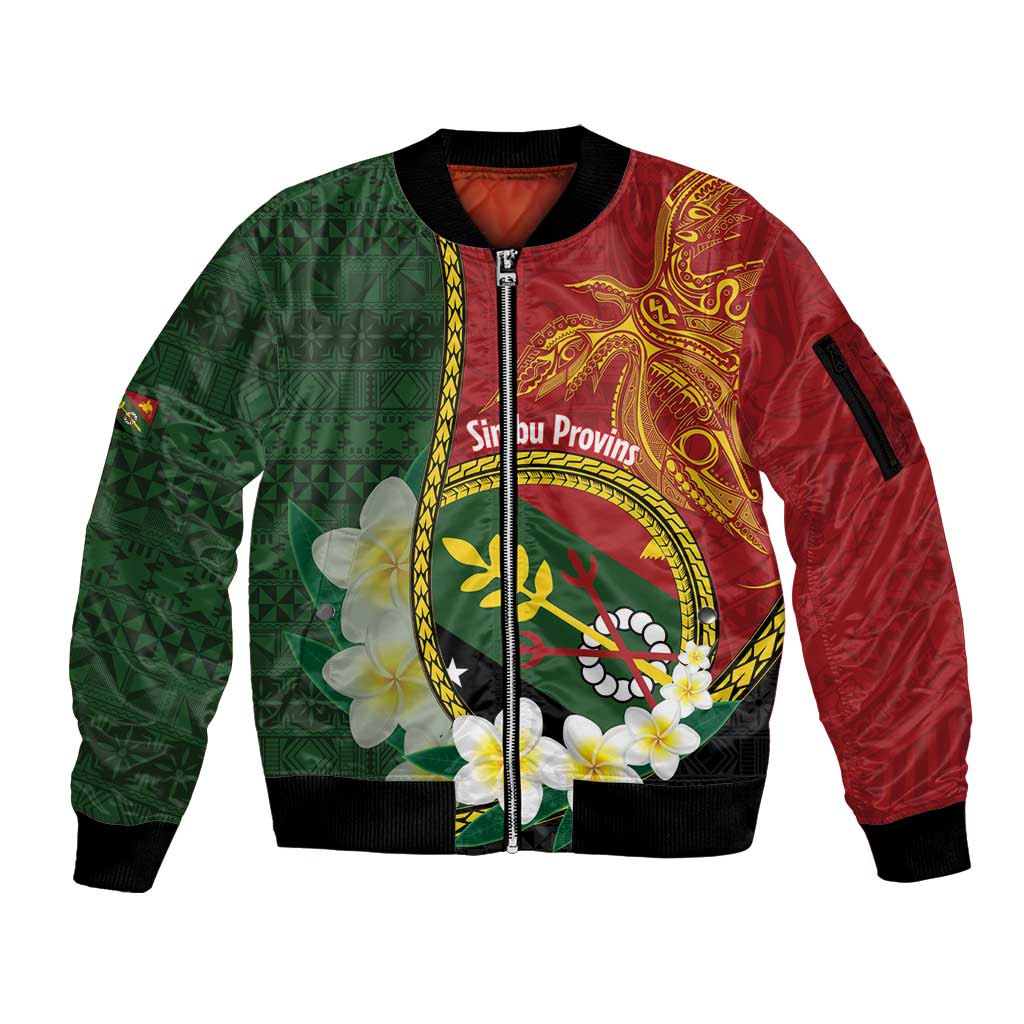 Personalised PNG Simbu Provins Sleeve Zip Bomber Jacket Papua New Guinea Plumeria Melanesian Pattern LT14 Unisex Green - Polynesian Pride