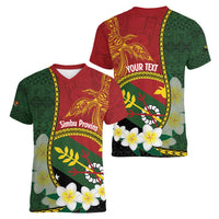 Personalised PNG Simbu Provins Women V-Neck T-Shirt Papua New Guinea Plumeria Melanesian Pattern LT14 - Polynesian Pride