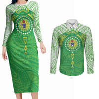 Cook Islands Manta Ray Couples Matching Long Sleeve Bodycon Dress and Long Sleeve Button Shirt Kuki Airani Tattoo Green Color LT14 Green - Polynesian Pride