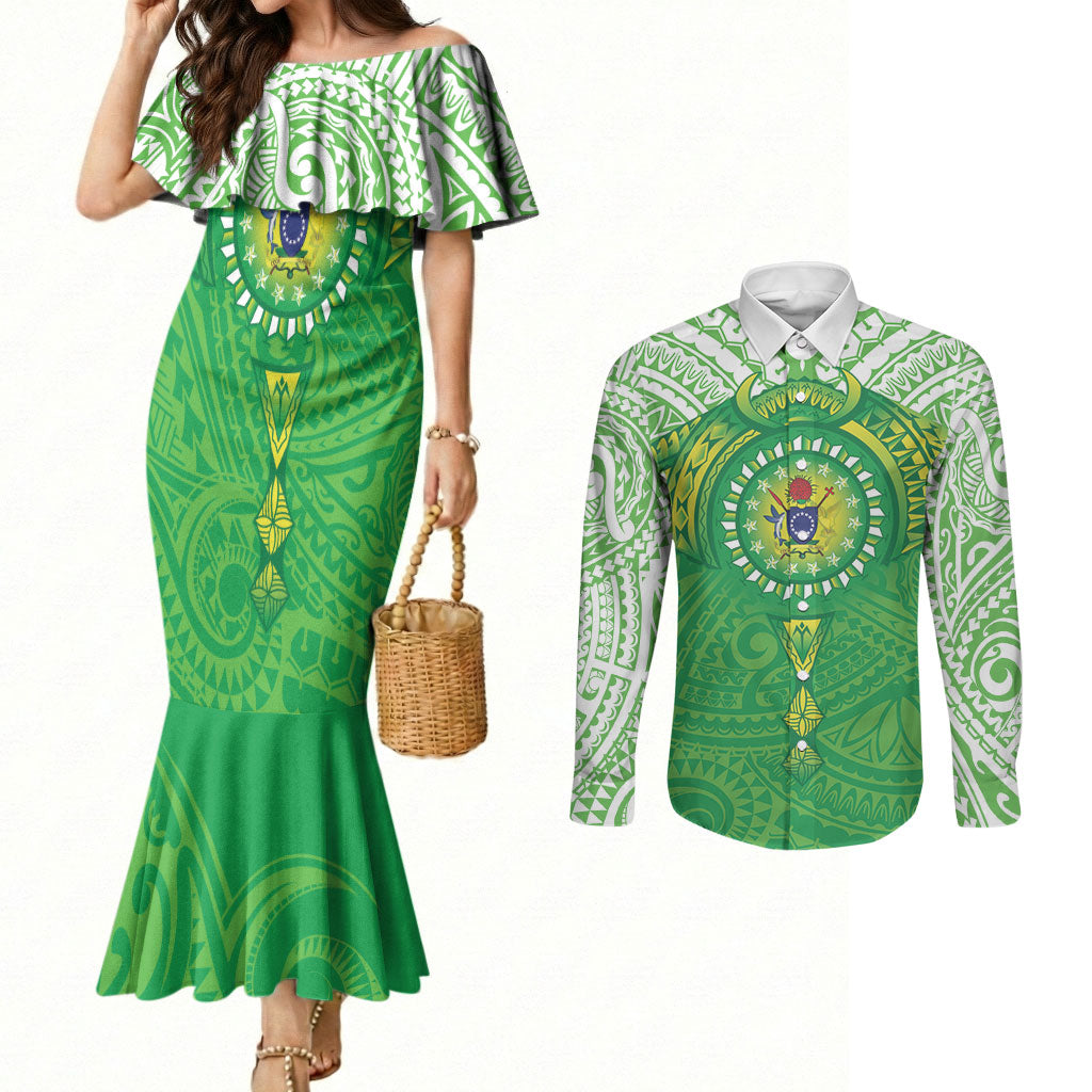 Cook Islands Manta Ray Couples Matching Mermaid Dress and Long Sleeve Button Shirt Kuki Airani Tattoo Green Color