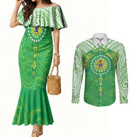 Cook Islands Manta Ray Couples Matching Mermaid Dress and Long Sleeve Button Shirt Kuki Airani Tattoo Green Color LT14 Green - Polynesian Pride