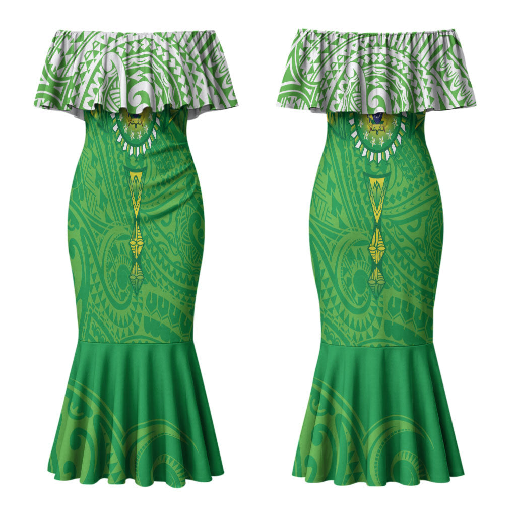 Cook Islands Manta Ray Couples Matching Mermaid Dress and Long Sleeve Button Shirt Kuki Airani Tattoo Green Color LT14 - Polynesian Pride