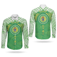 Cook Islands Manta Ray Couples Matching Off Shoulder Maxi Dress and Long Sleeve Button Shirt Kuki Airani Tattoo Green Color LT14 - Polynesian Pride