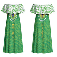 Cook Islands Manta Ray Couples Matching Off Shoulder Maxi Dress and Long Sleeve Button Shirt Kuki Airani Tattoo Green Color LT14 - Polynesian Pride