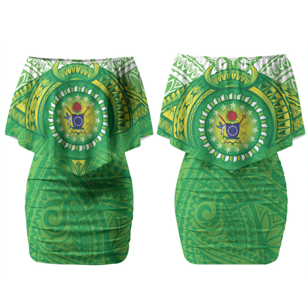 Cook Islands Manta Ray Couples Matching Off Shoulder Short Dress and Long Sleeve Button Shirt Kuki Airani Tattoo Green Color LT14 - Polynesian Pride