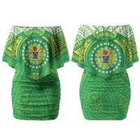 Cook Islands Manta Ray Couples Matching Off Shoulder Short Dress and Long Sleeve Button Shirt Kuki Airani Tattoo Green Color LT14 - Polynesian Pride