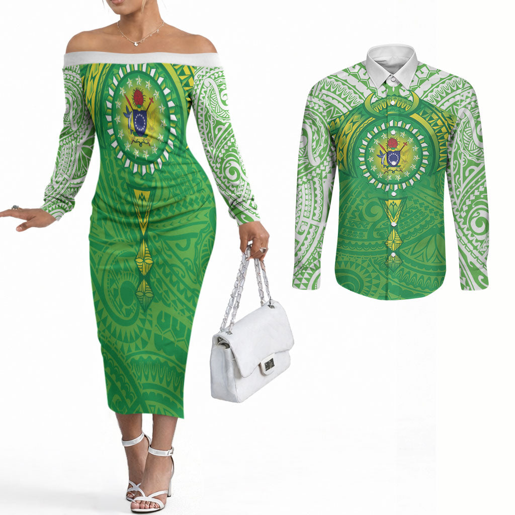 Cook Islands Manta Ray Couples Matching Off The Shoulder Long Sleeve Dress and Long Sleeve Button Shirt Kuki Airani Tattoo Green Color