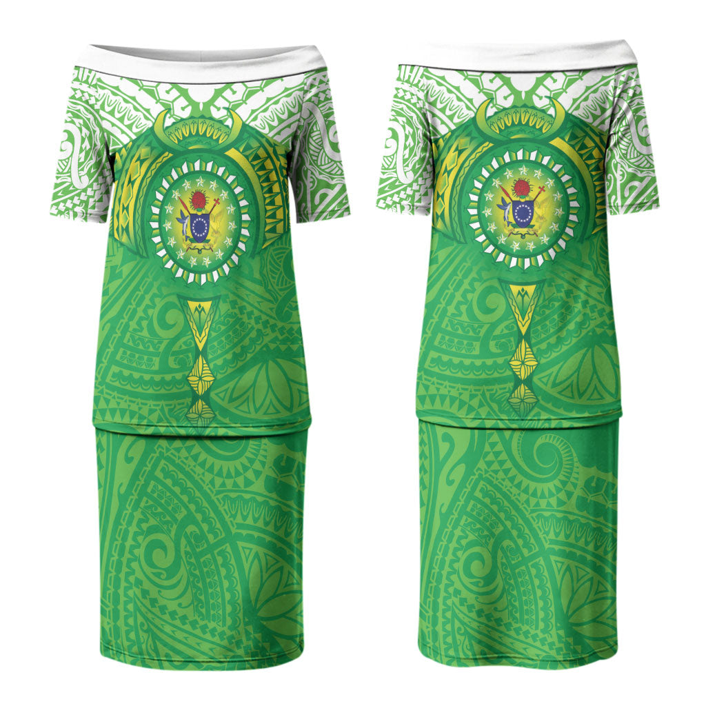 Cook Islands Manta Ray Couples Matching Puletasi and Hawaiian Shirt Kuki Airani Tattoo Green Color LT14 - Polynesian Pride