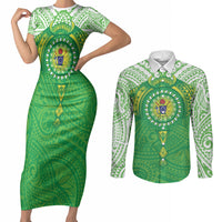 Cook Islands Manta Ray Couples Matching Short Sleeve Bodycon Dress and Long Sleeve Button Shirt Kuki Airani Tattoo Green Color LT14 Green - Polynesian Pride