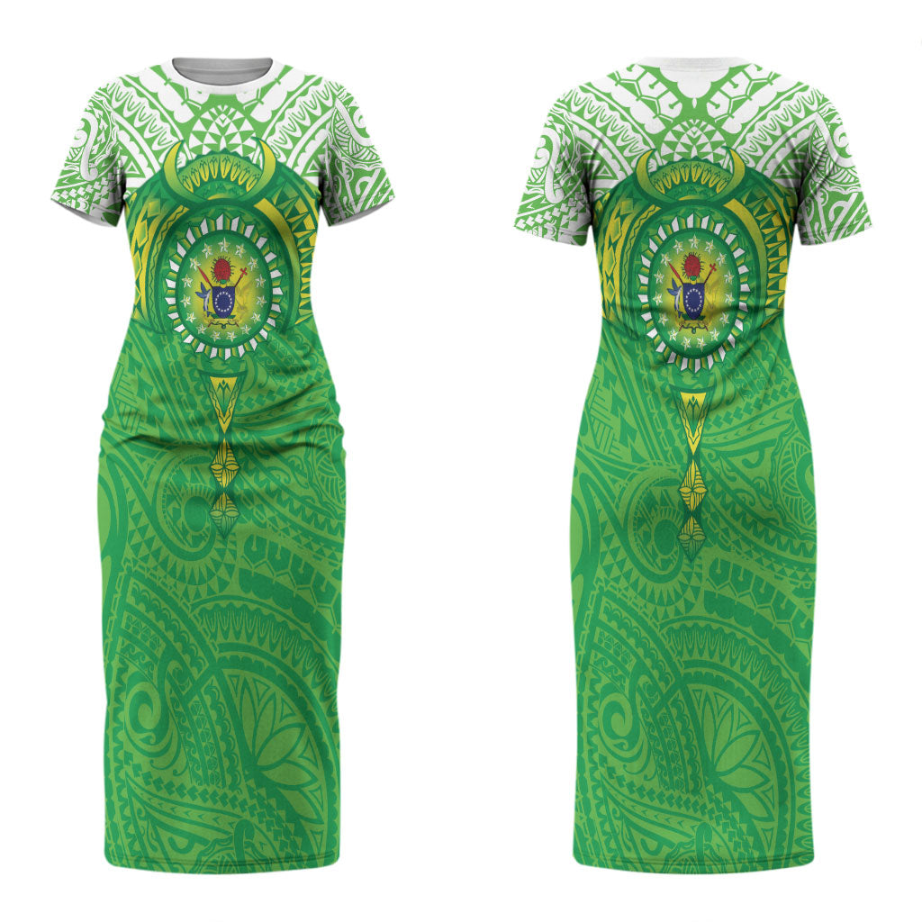 Cook Islands Manta Ray Couples Matching Short Sleeve Bodycon Dress and Long Sleeve Button Shirt Kuki Airani Tattoo Green Color LT14 - Polynesian Pride