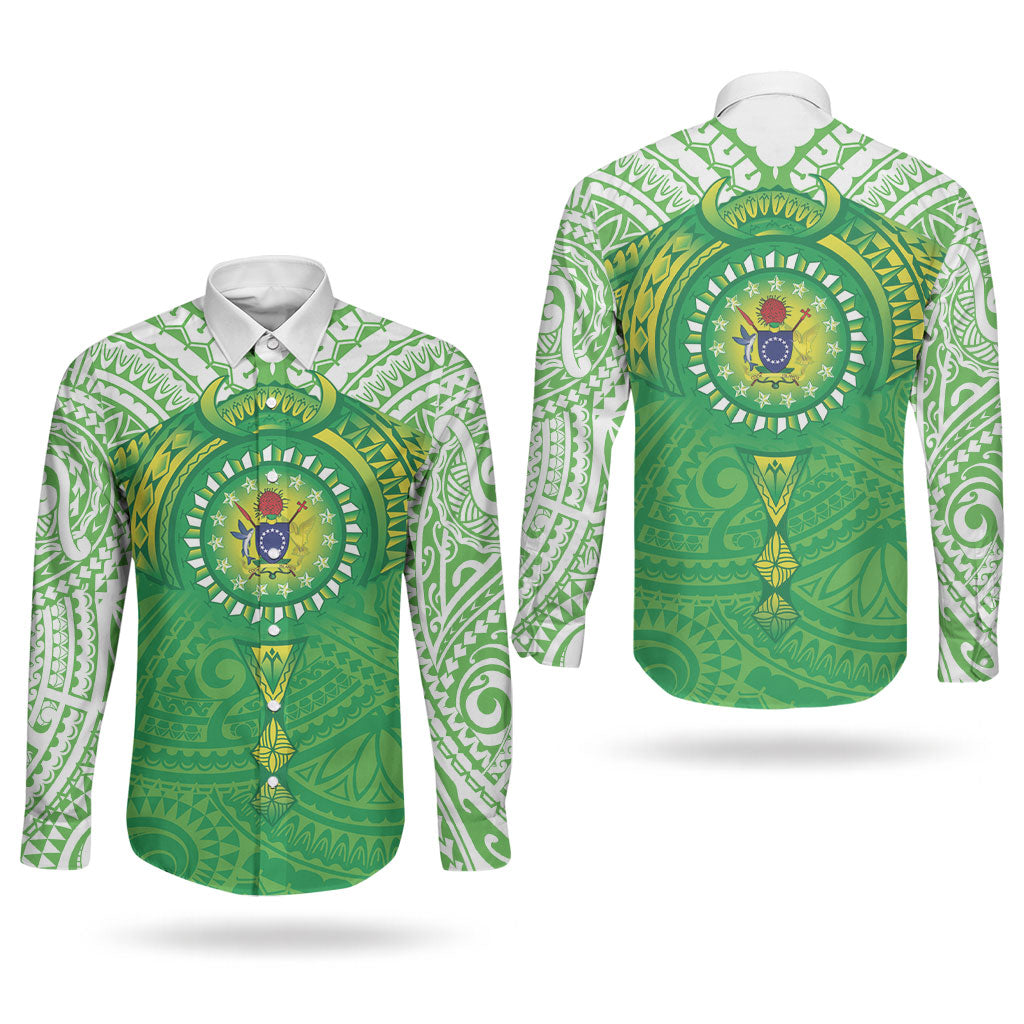 Cook Islands Manta Ray Couples Matching Summer Maxi Dress and Long Sleeve Button Shirt Kuki Airani Tattoo Green Color LT14 - Polynesian Pride