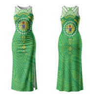 Cook Islands Manta Ray Couples Matching Tank Maxi Dress and Long Sleeve Button Shirt Kuki Airani Tattoo Green Color LT14 - Polynesian Pride