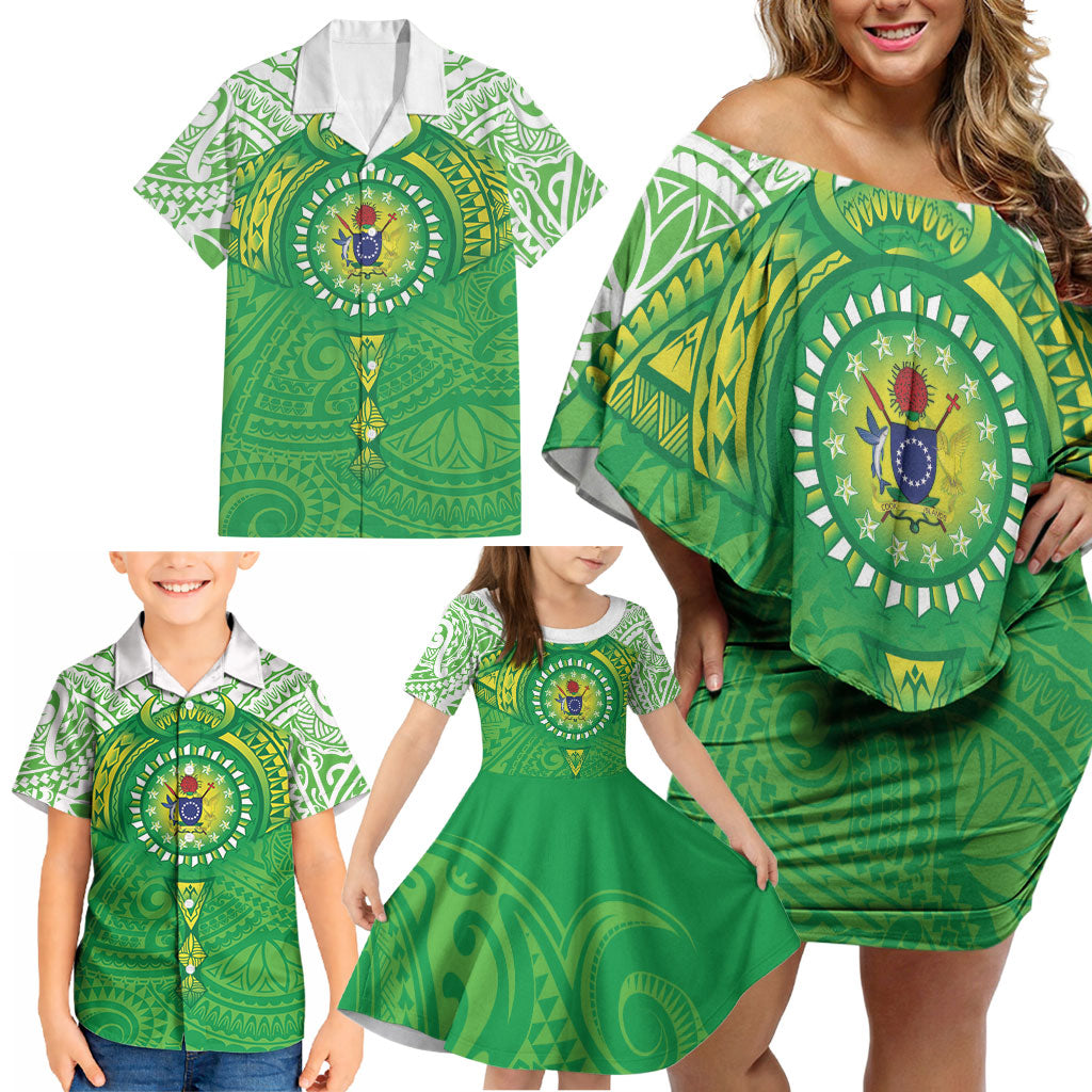 Cook Islands Manta Ray Family Matching Off Shoulder Short Dress and Hawaiian Shirt Kuki Airani Tattoo Green Color LT14 - Polynesian Pride