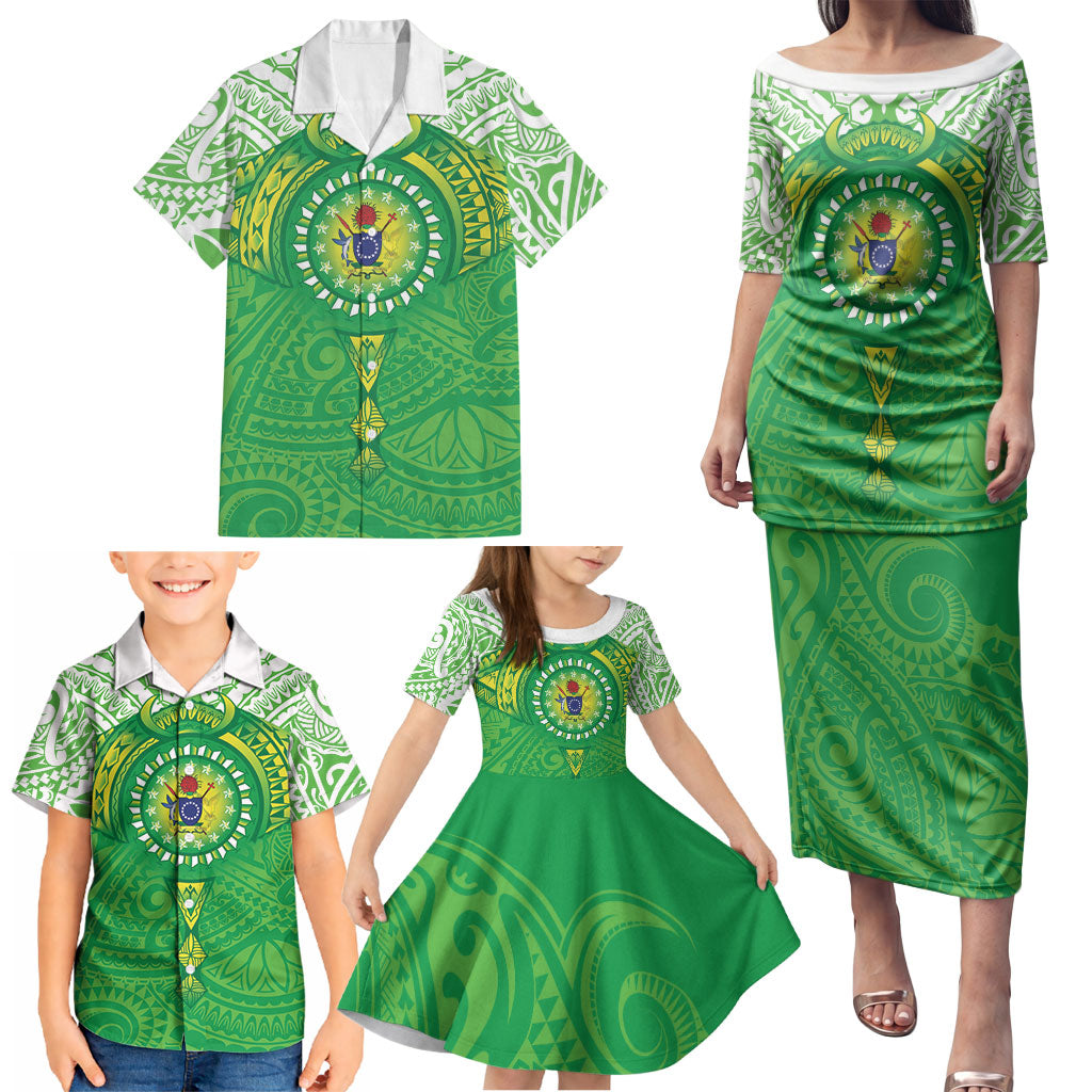 Cook Islands Manta Ray Family Matching Puletasi and Hawaiian Shirt Kuki Airani Tattoo Green Color LT14 - Polynesian Pride