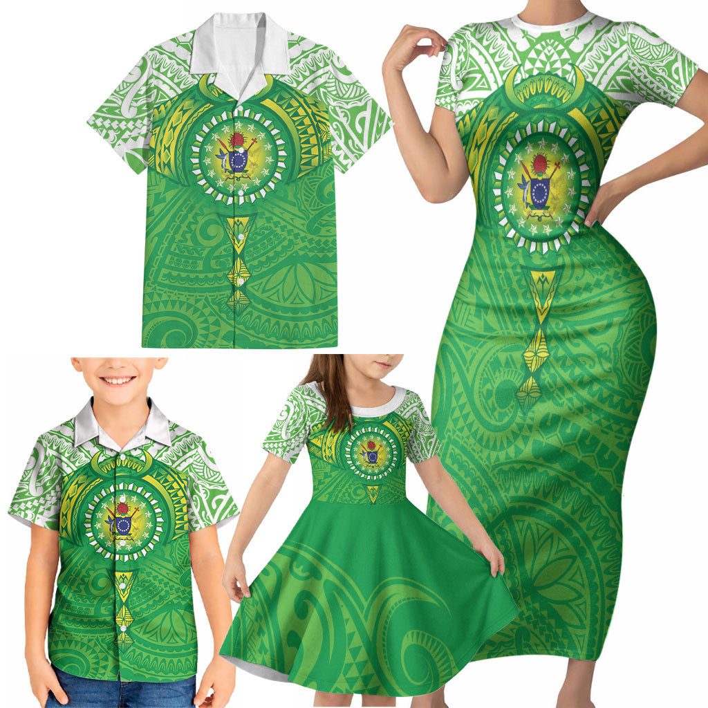 Cook Islands Manta Ray Family Matching Short Sleeve Bodycon Dress and Hawaiian Shirt Kuki Airani Tattoo Green Color LT14 - Polynesian Pride