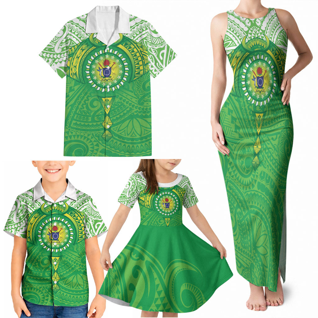 Cook Islands Manta Ray Family Matching Tank Maxi Dress and Hawaiian Shirt Kuki Airani Tattoo Green Color LT14 - Polynesian Pride