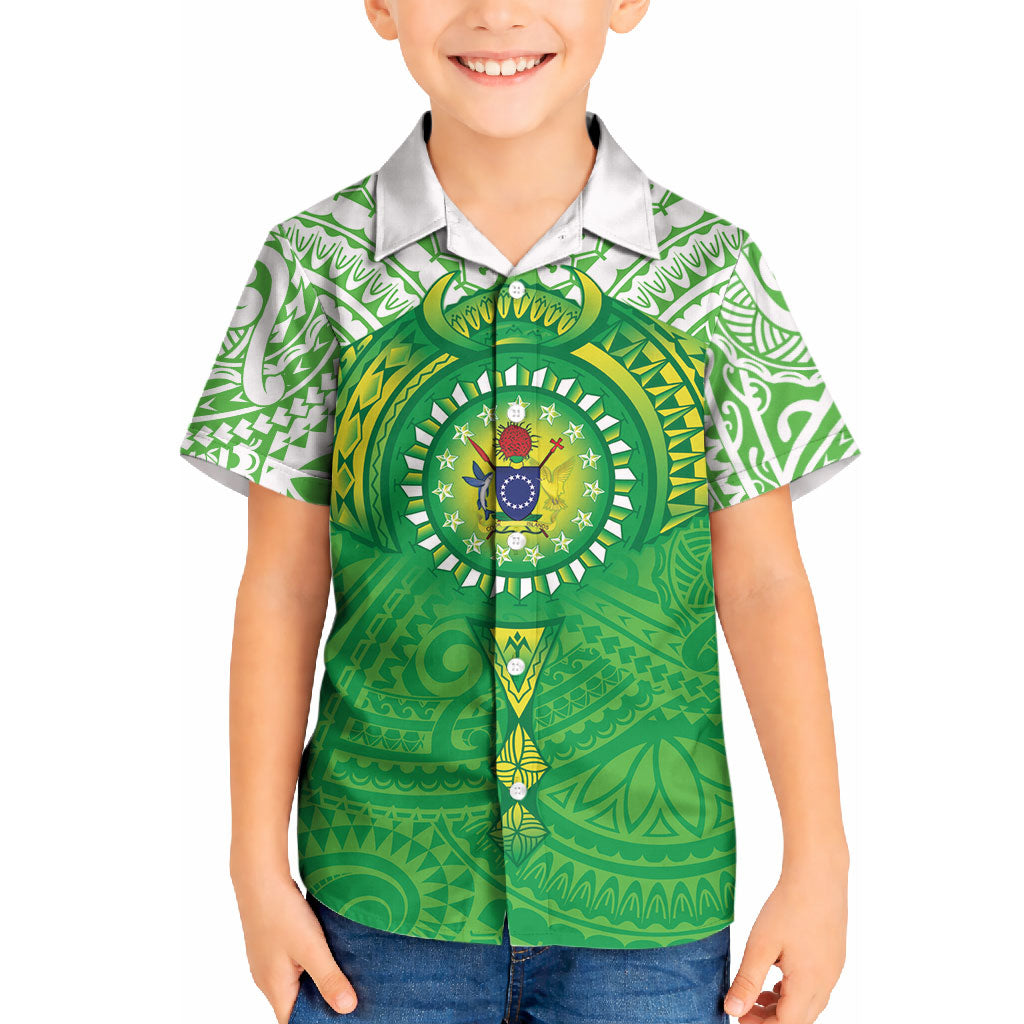 Cook Islands Manta Ray Kid Hawaiian Shirt Kuki Airani Tattoo Green Color