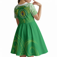 Cook Islands Manta Ray Kid Short Sleeve Dress Kuki Airani Tattoo Green Color LT14 - Polynesian Pride