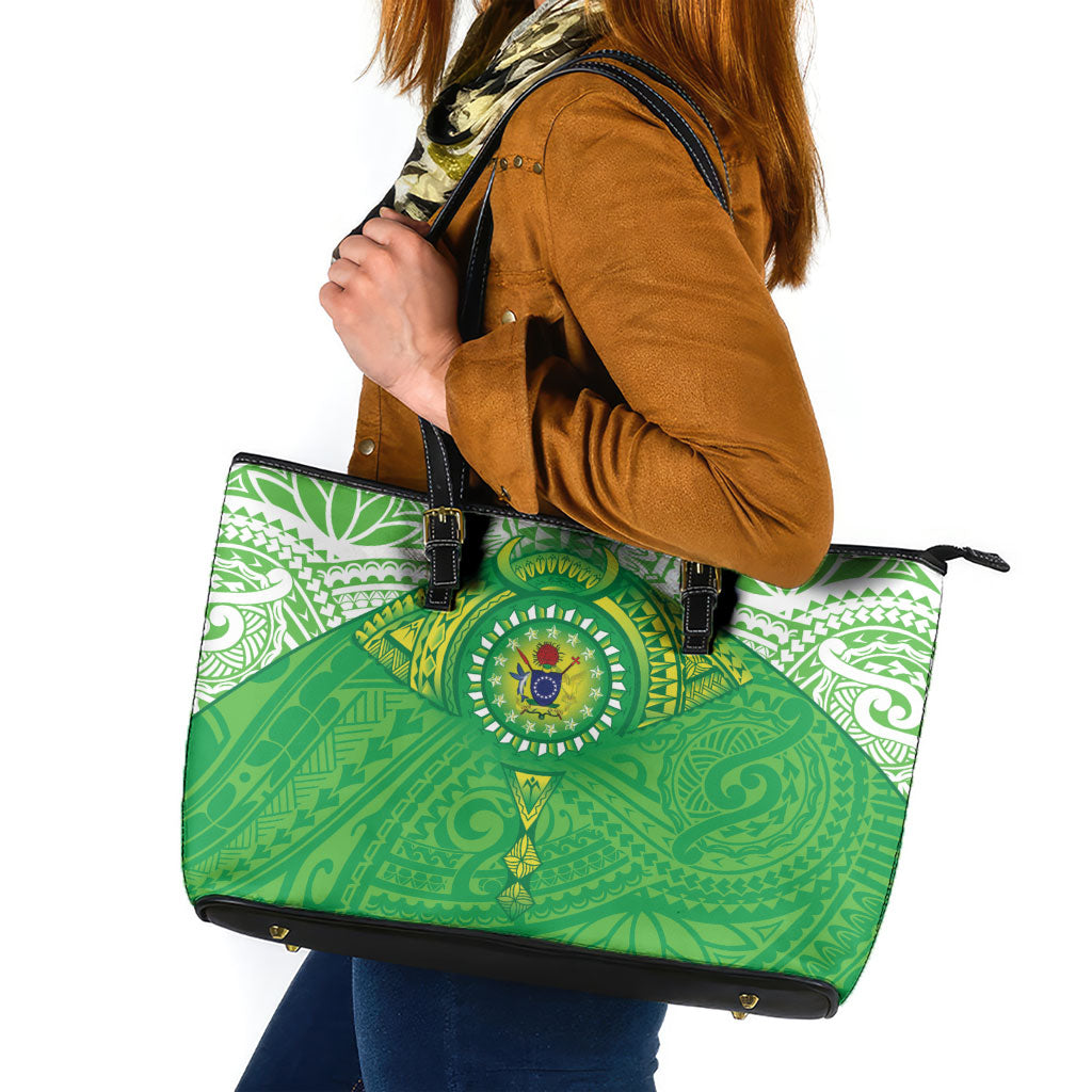 Cook Islands Manta Ray Leather Tote Bag Kuki Airani Tattoo Green Color LT14 Green - Polynesian Pride