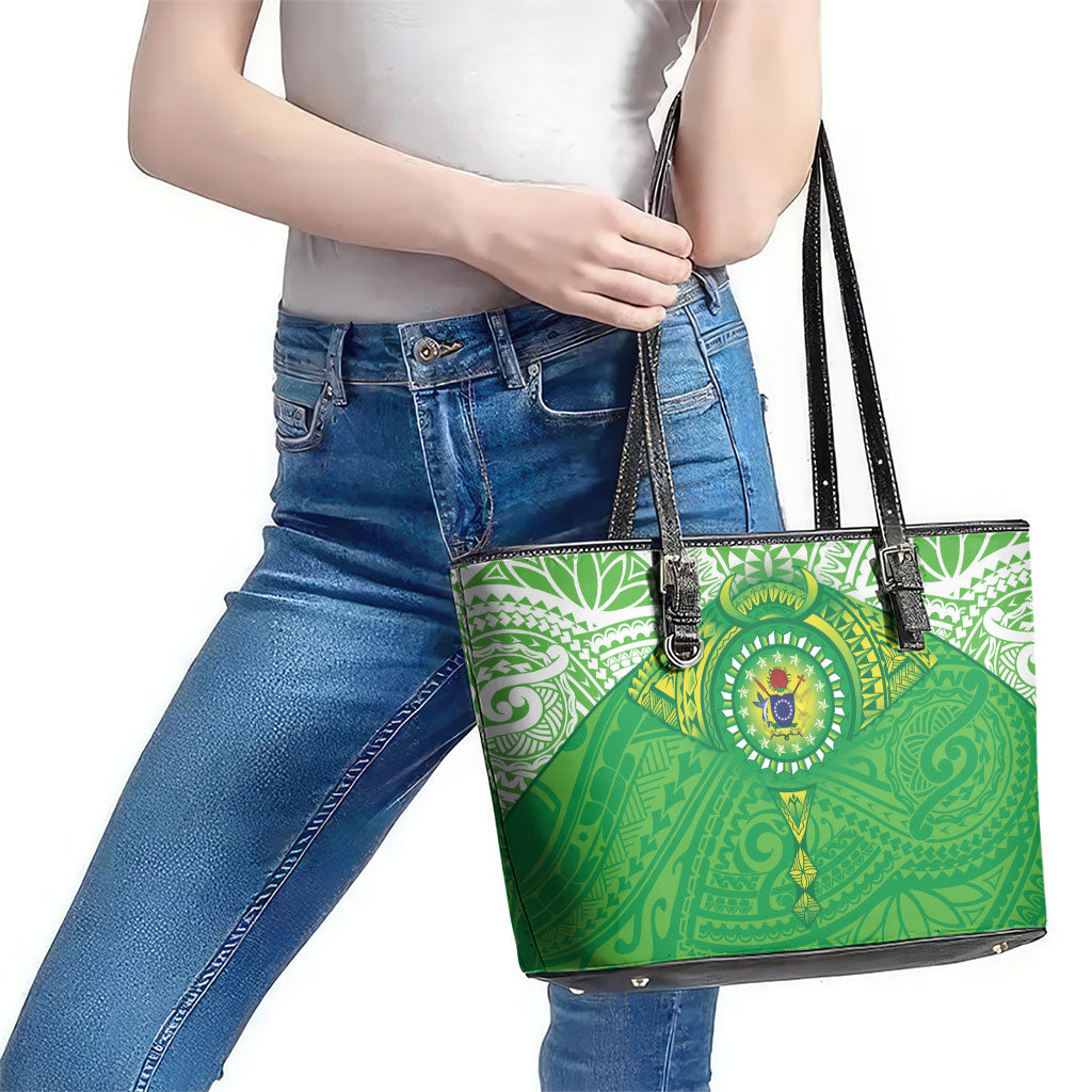 Cook Islands Manta Ray Leather Tote Bag Kuki Airani Tattoo Green Color LT14 - Polynesian Pride