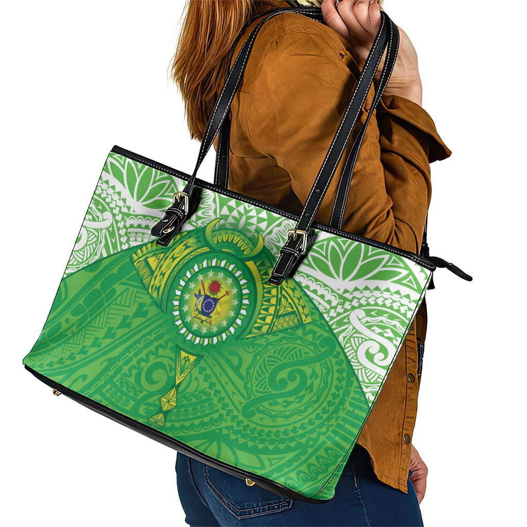 Cook Islands Manta Ray Leather Tote Bag Kuki Airani Tattoo Green Color LT14 - Polynesian Pride