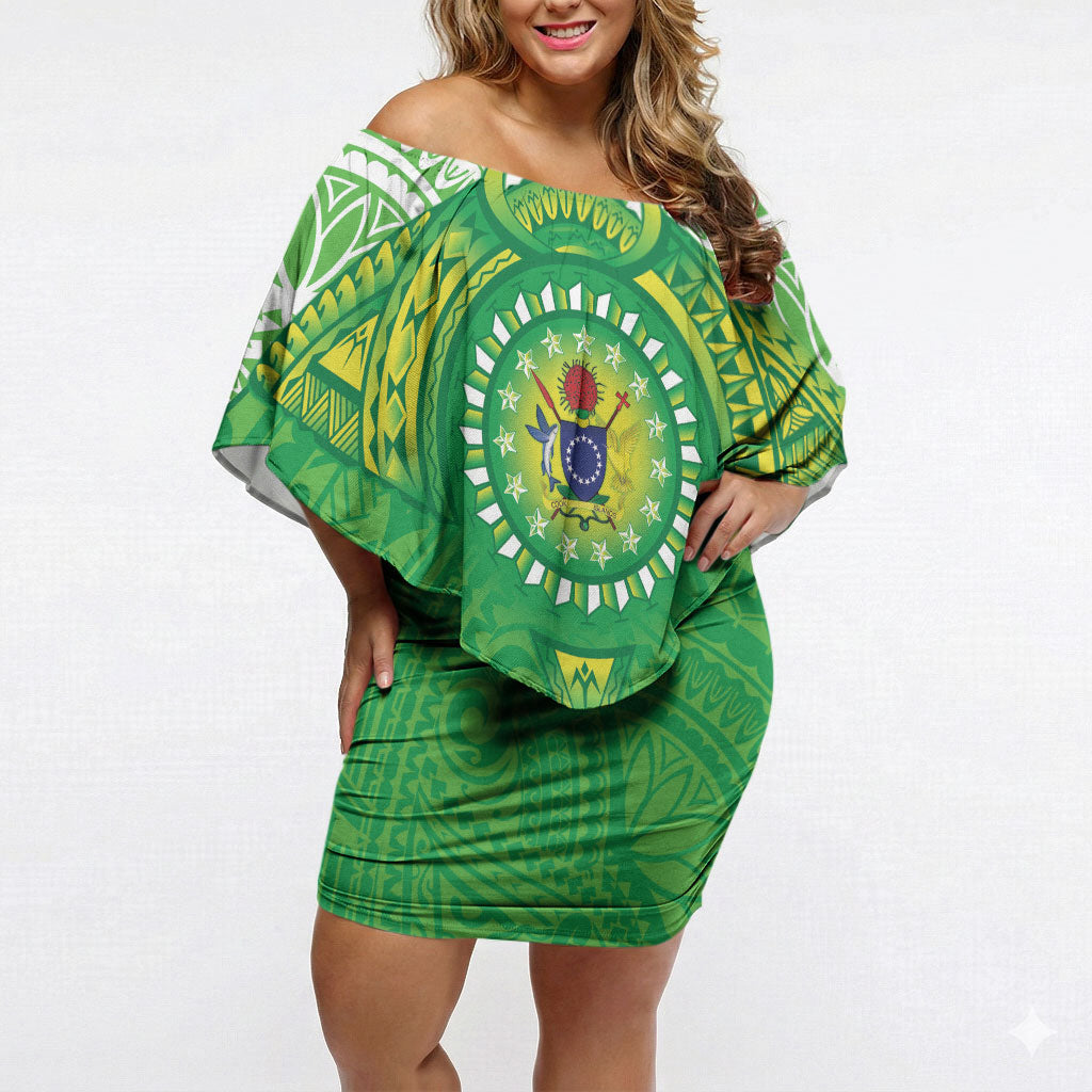 Cook Islands Manta Ray Off Shoulder Short Dress Kuki Airani Tattoo Green Color