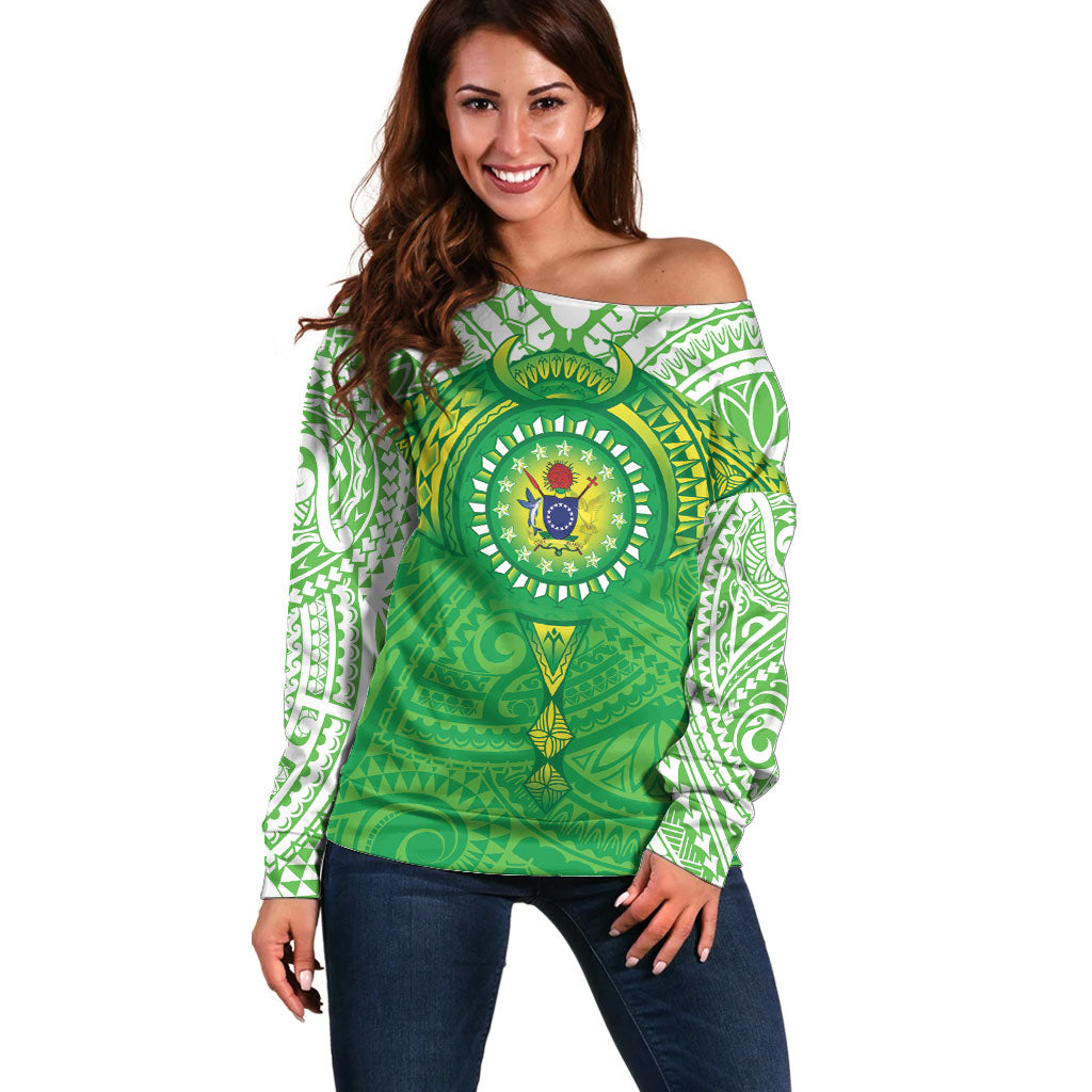 Cook Islands Manta Ray Off Shoulder Sweater Kuki Airani Tattoo Green Color