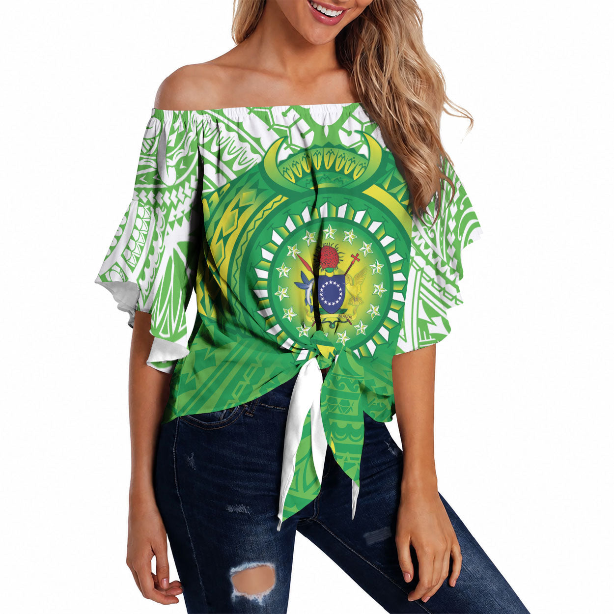 Cook Islands Manta Ray Off Shoulder Wrap Waist Top Kuki Airani Tattoo Green Color