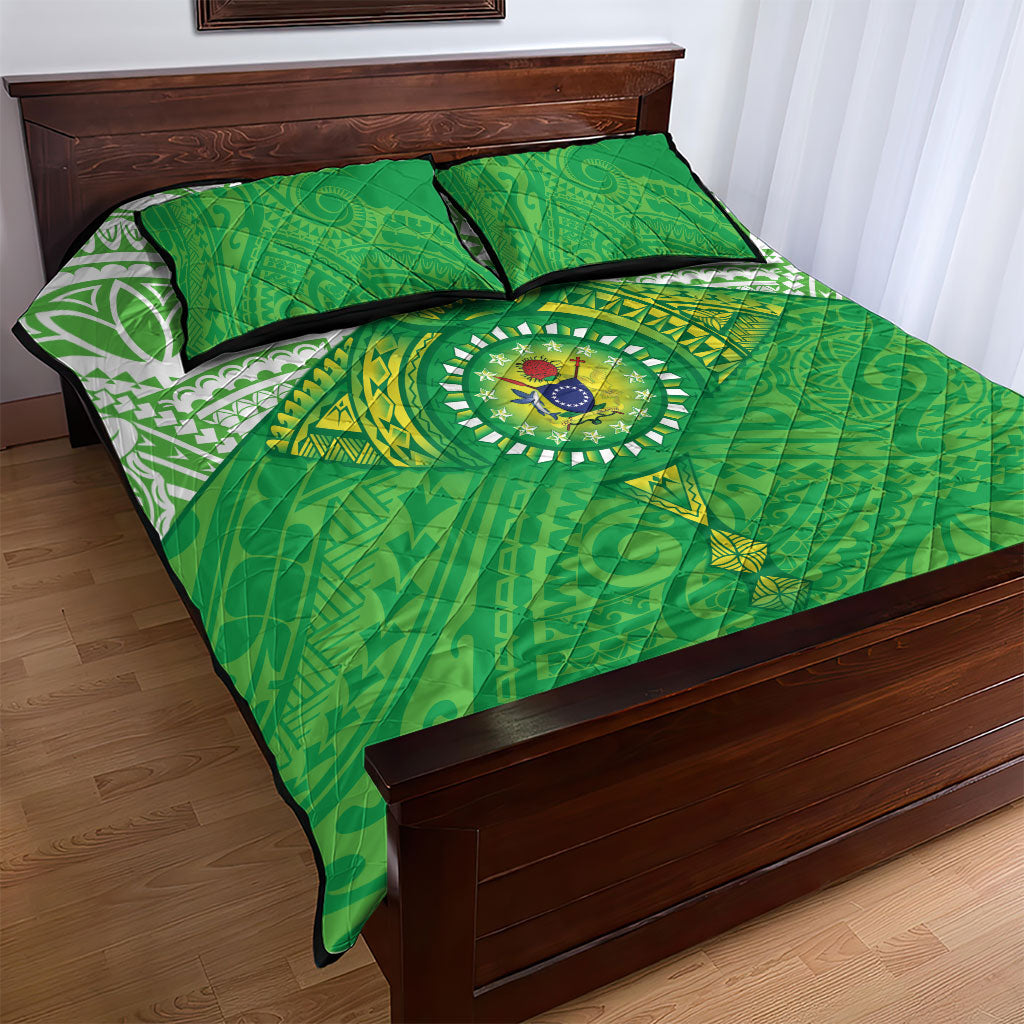 Cook Islands Manta Ray Quilt Bed Set Kuki Airani Tattoo Green Color LT14 - Polynesian Pride