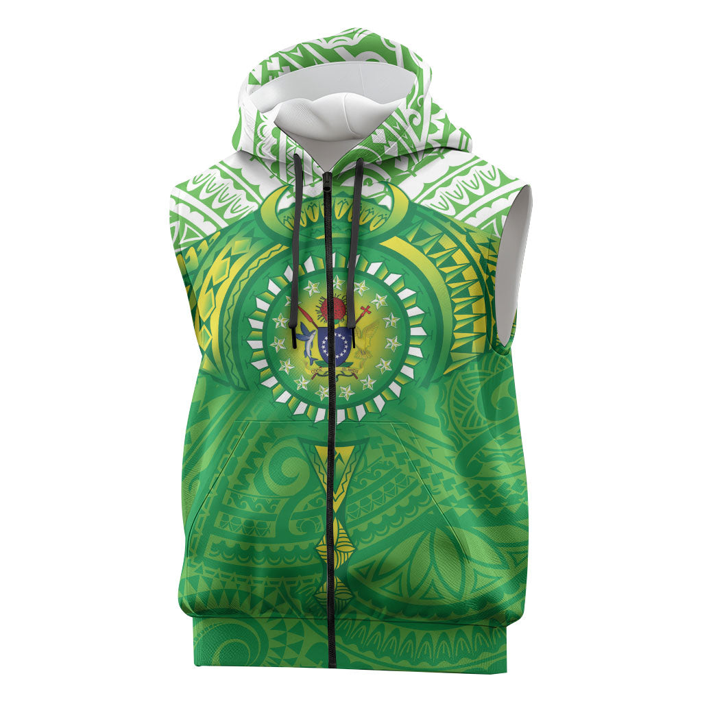 Cook Islands Manta Ray Sleeveless Zip Hoodie Kuki Airani Tattoo Green Color