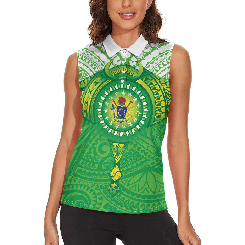 Cook Islands Manta Ray Women Sleeveless Polo Shirt Kuki Airani Tattoo Green Color LT14 - Polynesian Pride