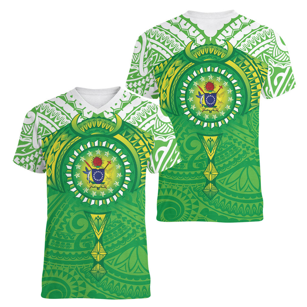 Cook Islands Manta Ray Women V-Neck T-Shirt Kuki Airani Tattoo Green Color LT14 - Polynesian Pride