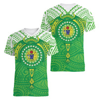 Cook Islands Manta Ray Women V-Neck T-Shirt Kuki Airani Tattoo Green Color LT14 - Polynesian Pride