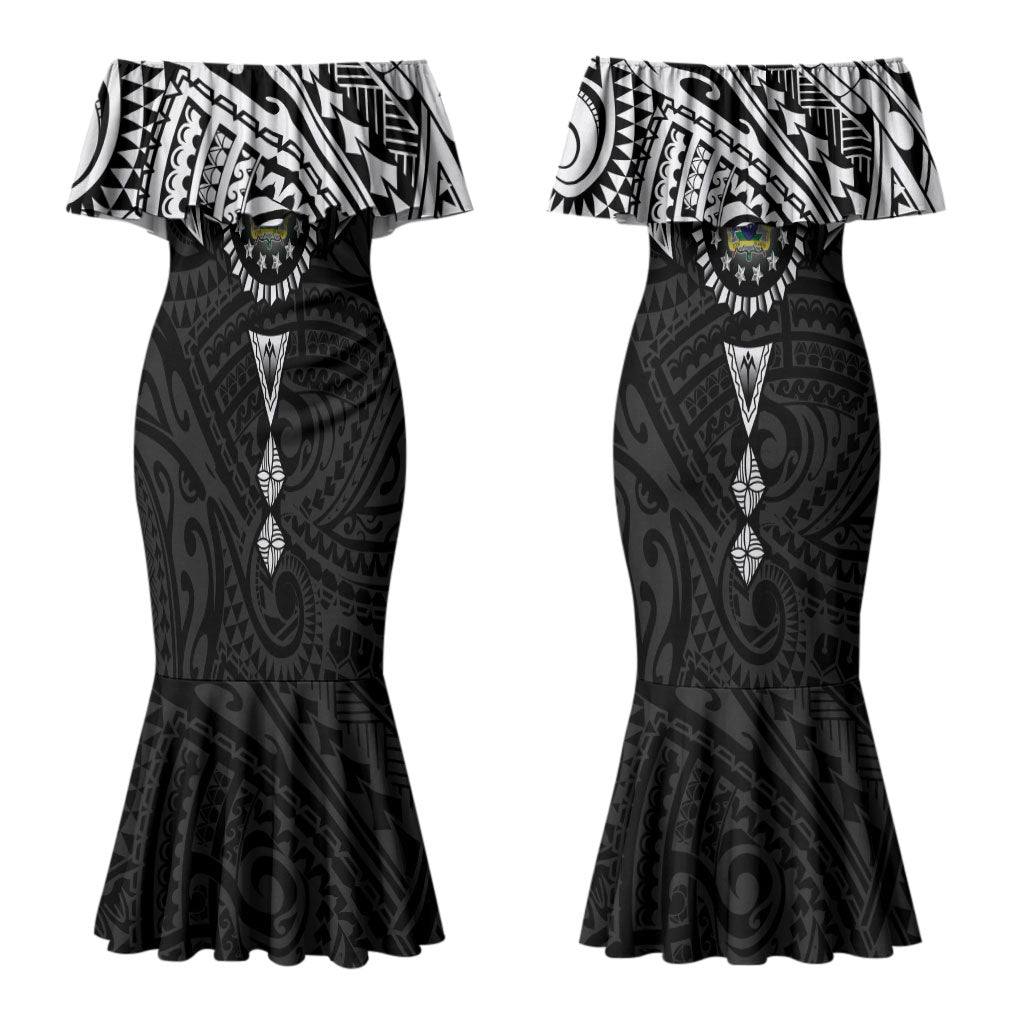 Cook Islands Manta Ray Couples Matching Mermaid Dress and Long Sleeve Button Shirt Kuki Airani Tattoo Black Color LT14 - Polynesian Pride