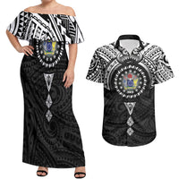 Cook Islands Manta Ray Couples Matching Off Shoulder Maxi Dress and Hawaiian Shirt Kuki Airani Tattoo Black Color LT14 Black - Polynesian Pride